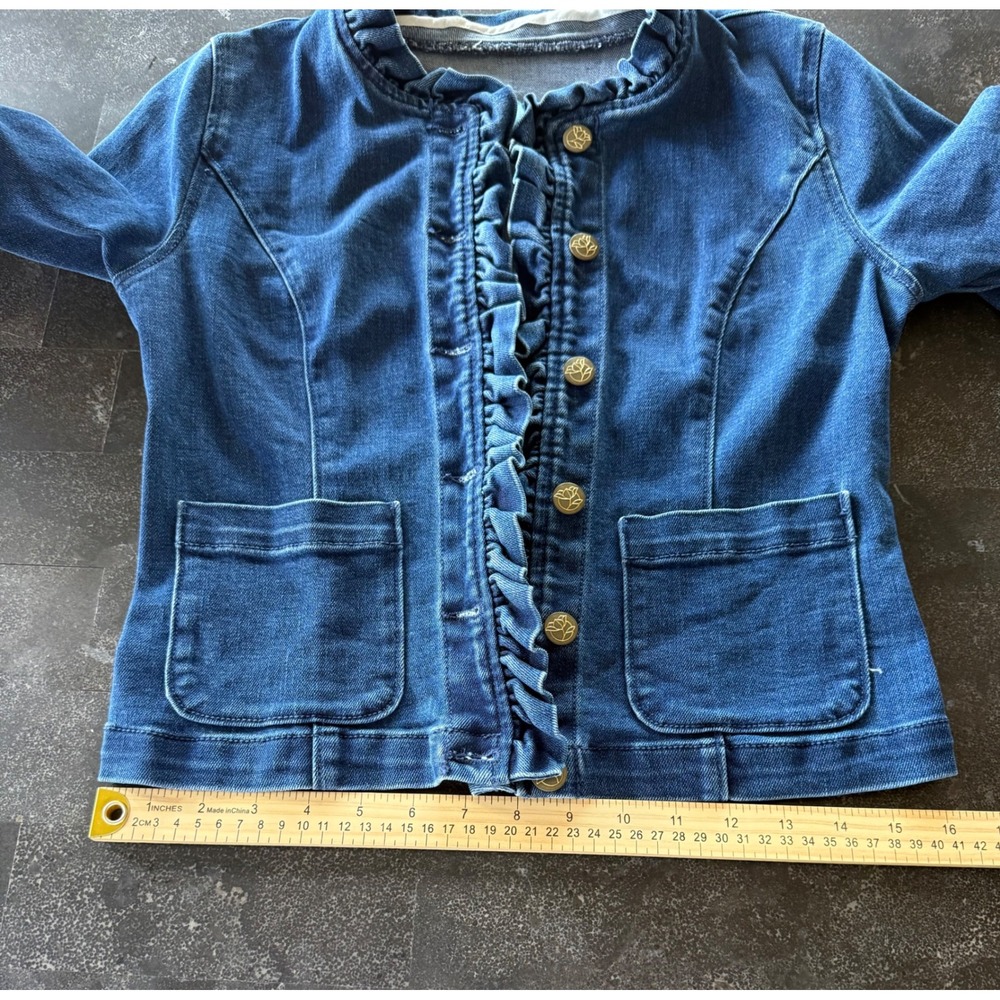 Draper James RSVP Ruffle Denim Jacket XS Button Front Romantic‎ Fitted Stretch - Picture 11 of 12